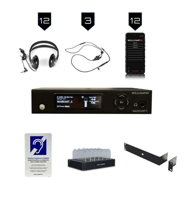 Williams Sound WF SYS3C HED 024 IDP 008 - Hearing Loop Available sign WaveCAST System with 12 WAV Pro Wi-Fi Receivers - Creation Networks